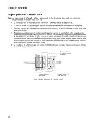 Flujo de potencia
22
Flujo de potencia de la sección frontal
Nota: Las líneas oscuras de la Figura 2-4 señalan a la descripción del flujo de potencia. Como ayuda para entender los
componentes de la transmisión, vea la Figura 2-3.
1. La potencia (torque) del motor del vehículo se transfiere a la flecha de entrada de la transmisión.
2. La flecha de entrada hace girar al engrane impulsor principal mediante las estrías internas del cubo del engrane.
3. El engrane impulsor principal se acopla con ambos engranes impulsados de la contraflecha y el torque se divide entre
ambas contraflechas.
4. Todos los engranes de la sección frontal giran debido a que los engranes de la contraflecha están en acoplamiento
constante con los engranes de la flecha principal. Sin embargo, sólo tendrá torque el engrane acoplado o seleccionado
de la flecha principal. Los dientes de agarre externos del embrague deslizante se acoplan con los dientes de embrague
internos del engrane seleccionado de la flecha principal seleccionado. De tal manera, el torque procede entonces desde
ambos engranes opuestos de la contraflecha, hacia el engrane acoplado de la flecha principal y a través del embrague
deslizante a la flecha principal de la sección frontal.
5. La parte trasera de la flecha principal de la sección frontal está estriada en el engrane impulsor auxiliar y ahora el torque
se transmite a la sección auxiliar.
Embrague deslizante
hacia delante
Embrague deslizante de
rango hacia atrás
Embrague deslizante
de reducción profunda
hacia atrás
Figura 2-4. Flujo de potencia de la sección frontal
 