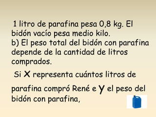 1 litro de parafina pesa 0,8 kg. El
bidón vacío pesa medio kilo.
b) El peso total del bidón con parafina
depende de la cantidad de litros
comprados.
Si x representa cuántos litros de
parafina compró René e y el peso del
bidón con parafina,
 