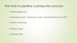 The tools to pipeline a production process 
o Partial application 
o Summation type / Coproduct type / Discriminated Union (F#) 
o Pattern matching 
o Generic types 
o Monadic Bind 
 