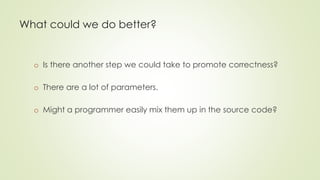 What could we do better? 
o Is there another step we could take to promote correctness? 
o There are a lot of parameters. 
o Might a programmer easily mix them up in the source code? 
 