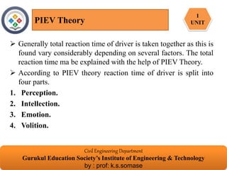 Generally total reaction time of driver is taken together as this is
found vary considerably depending on several factors. The total
reaction time ma be explained with the help of PIEV Theory.
 According to PIEV theory reaction time of driver is split into
four parts.
1. Perception.
2. Intellection.
3. Emotion.
4. Volition.
PIEV Theory
Civil Engineering Department
Gurukul Education Society’s Institute of Engineering & Technology
by : prof: k.s.somase
1
UNIT
 