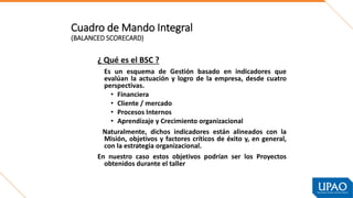 Cuadro de Mando Integral
(BALANCED SCORECARD)
¿ Qué es el BSC ?
Es un esquema de Gestión basado en indicadores que
evalúan la actuación y logro de la empresa, desde cuatro
perspectivas.
• Financiera
• Cliente / mercado
• Procesos Internos
• Aprendizaje y Crecimiento organizacional
Naturalmente, dichos indicadores están alineados con la
Misión, objetivos y factores críticos de éxito y, en general,
con la estrategia organizacional.
En nuestro caso estos objetivos podrían ser los Proyectos
obtenidos durante el taller
 