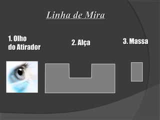 3. Massa3. Massa1. Olho1. Olho
do Atiradordo Atirador
2. Alça2. Alça
Linha de MiraLinha de Mira
 