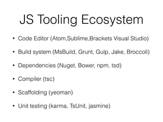 JS Tooling Ecosystem
• Code Editor (Atom,Sublime,Brackets Visual Studio)
• Build system (MsBuild, Grunt, Gulp, Jake, Broccoli)
• Dependencies (Nuget, Bower, npm, tsd)
• Compiler (tsc)
• Scaffolding (yeoman)
• Unit testing (karma, TsUnit, jasmine)
 