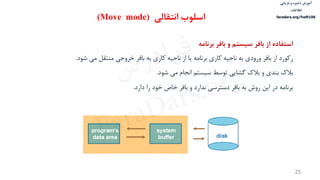 ‫ذخیره‬ ‫آموزش‬‫و‬‫بازیابی‬
‫اطالعات‬
faradars.org/fvsft106
25
‫استفاده‬‫برنامه‬ ‫بافر‬ ‫و‬ ‫سیستم‬ ‫بافر‬ ‫از‬
‫شود‬ ‫مي‬ ‫منتقل‬ ‫خروجي‬ ‫بافر‬ ‫به‬ ‫كاري‬ ‫ناحیه‬ ‫از‬ ‫یا‬ ‫برنامه‬ ‫كاري‬ ‫ناحیه‬ ‫به‬ ‫ورودي‬ ‫بافر‬ ‫از‬ ‫ركورد‬.
‫بالك‬‫شود‬ ‫مي‬ ‫انجام‬ ‫سیستم‬ ‫توسط‬ ‫گشایي‬ ‫بالك‬ ‫و‬ ‫بندي‬.
‫برنامه‬‫در‬‫این‬‫دارد‬ ‫را‬ ‫خود‬ ‫خاص‬ ‫بافر‬ ‫و‬ ‫ندارد‬ ‫دسترسي‬ ‫بافر‬ ‫به‬ ‫روش‬.
‫انتقالی‬ ‫اسلوب‬(Move mode)
‫س‬‫ر‬‫د‬‫ا‬‫ﺮ‬‫ﻓ‬
FaraDars.org
 