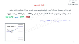 ‫ذخیره‬ ‫آموزش‬‫و‬‫بازیابی‬
‫اطالعات‬
faradars.org/fvsft106
5
‫ساز‬ ‫درهم‬ ‫توابع‬ ‫از‬ ‫یكي‬‫است‬،‫آدرس‬ ‫كه‬‫به‬ ‫نزدیك‬ ‫اول‬ ‫عدد‬ ‫به‬ ‫كلید‬ ‫صحیح‬ ‫تقسیم‬ ‫باقیمانده‬m‫باشد‬ ‫مي‬.
‫به‬‫از‬ ‫حاصل‬ ‫آدرس‬ ‫نمونه‬ ‫طو‬‫كلید‬12345678‫آدرسي‬ ‫فضاي‬ ‫در‬1..5000‫برابر‬3088‫مي‬‫چون‬ ، ‫باشد‬:
12345678 mod 4997 = 3088
(‫عدد‬4997،‫به‬ ‫نزدیك‬ ‫اول‬ ‫عدد‬5000‫مي‬‫باشد‬).
‫تقسیم‬ ‫تابع‬
‫س‬‫ر‬‫د‬‫ا‬‫ﺮ‬‫ﻓ‬
FaraDars.org
 