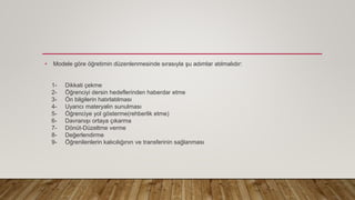 • Modele göre öğretimin düzenlenmesinde sırasıyla şu adımlar atılmalıdır:
1- Dikkati çekme
2- Öğrenciyi dersin hedeflerinden haberdar etme
3- Ön bilgilerin hatırlatılması
4- Uyarıcı materyalin sunulması
5- Öğrenciye yol gösterme(rehberlik etme)
6- Davranışı ortaya çıkarma
7- Dönüt-Düzeltme verme
8- Değerlendirme
9- Öğrenilenlerin kalıcılığının ve transferinin sağlanması
 