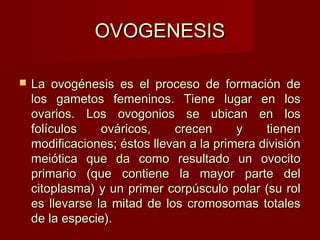 OVOGENESISOVOGENESIS
 La ovogénesis es el proceso de formación deLa ovogénesis es el proceso de formación de
los gametos femeninos. Tiene lugar en loslos gametos femeninos. Tiene lugar en los
ovarios. Los ovogonios se ubican en losovarios. Los ovogonios se ubican en los
folículos ováricos, crecen y tienenfolículos ováricos, crecen y tienen
modificaciones; éstos llevan a la primera divisiónmodificaciones; éstos llevan a la primera división
meiótica que da como resultado un ovocitomeiótica que da como resultado un ovocito
primario (que contiene la mayor parte delprimario (que contiene la mayor parte del
citoplasma) y un primer corpúsculo polar (su rolcitoplasma) y un primer corpúsculo polar (su rol
es llevarse la mitad de los cromosomas totaleses llevarse la mitad de los cromosomas totales
de la especie).de la especie).
 