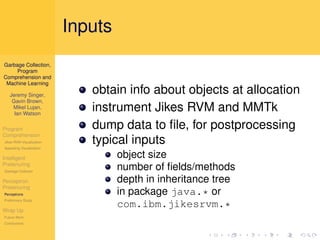 Inputs
Garbage Collection,
     Program
Comprehension and
 Machine Learning

   Jeremy Singer,
                             obtain info about objects at allocation
    Gavin Brown,
    Mikel Lujan,
     Ian Watson
                             instrument Jikes RVM and MMTk
Program                      dump data to ﬁle, for postprocessing
Comprehension
Jikes RVM Visualization
Appealing Visualization
                             typical inputs
Intelligent                        object size
Pretenuring
Garbage Collector
                                   number of ﬁelds/methods
Perceptron                         depth in inheritance tree
Pretenuring
Perceptrons                        in package java.* or
Preliminary Study

Wrap Up
                                   com.ibm.jikesrvm.*
Future Work
Conclusions
 