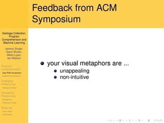 Feedback from ACM
                          Symposium
Garbage Collection,
     Program
Comprehension and
 Machine Learning

   Jeremy Singer,
    Gavin Brown,
    Mikel Lujan,
     Ian Watson

Program
                             your visual metaphors are ...
Comprehension
Jikes RVM Visualization
                                 unappealing
Appealing Visualization
                                 non-intuitive
Intelligent
Pretenuring
Garbage Collector

Perceptron
Pretenuring
Perceptrons
Preliminary Study

Wrap Up
Future Work
Conclusions
 