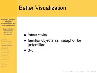 Better Visualization
Garbage Collection,
     Program
Comprehension and
 Machine Learning

   Jeremy Singer,
    Gavin Brown,
    Mikel Lujan,
     Ian Watson
                             interactivity
Program
Comprehension
Jikes RVM Visualization
                             familiar objects as metaphor for
Appealing Visualization
                             unfamiliar
Intelligent
Pretenuring
Garbage Collector
                             3-d
Perceptron
Pretenuring
Perceptrons
Preliminary Study

Wrap Up
Future Work
Conclusions
 
