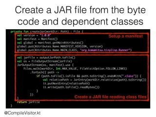Create a JAR ﬁle from the byte
code and dependent classes
@CompileVisitor.kt
Setup a manifest
Create a JAR ﬁle reading class ﬁles
 