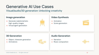 ©2023 Databricks Inc. — All rights reserved
Generative AI Use Cases
Image generation
● Generate realistic/artistic
high-quality images
● Virtual agent generation
Video Synthesis
● Animation
● Scene generation
3D Generation
● Object, character generation
● Animations
Audio Generation
● Narration
● Music composition
Visual/audio/3D generation: Unlocking creativity
 