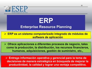 28
ERP
Enterprise Resource Planning
 Entrega información operativa y gerencial para la toma de
decisiones de manera estratégica en búsqueda de mejorar la
productividad, la calidad y lograr una ventaja competitiva.
 Ofrece aplicaciones a diferentes procesos de negocio, tales
como la producción, la distribución, los recursos financieros,
humanos, adquisiciones, gestión de suministro, etc.,
 ERP es un sistema computarizado integrado de módulos de
software de aplicación
 