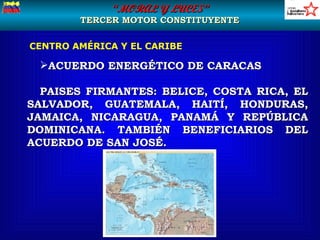 ACUERDO ENERGÉTICO DE CARACAS PAISES FIRMANTES: BELICE, COSTA RICA, EL SALVADOR, GUATEMALA, HAITÍ, HONDURAS, JAMAICA, NICARAGUA, PANAMÁ Y REPÚBLICA DOMINICANA. TAMBIÉN BENEFICIARIOS DEL ACUERDO DE SAN JOSÉ. CENTRO AMÉRICA Y EL CARIBE “ MORAL Y LUCES” TERCER MOTOR CONSTITUYENTE 