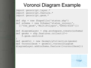 Voronoi Diagram Example import geoscript.layer.* import geoscript.feature.* import geoscript.geom.* def shp = new Shapefile('states.shp') def schema = new Schema('states_voronoi',           [['the_geom','MultiPolygon','EPSG:4326']]) def diagramLayer = shp.workspace.create(schema) def geoms = shp.features.collect{f->      f.geom.centroid } def geomCol = new GeometryCollection(geoms) def voronoiGeom = geomCol.voronoiDiagram diagramLayer.add(schema.feature([voronoiGeom])) 