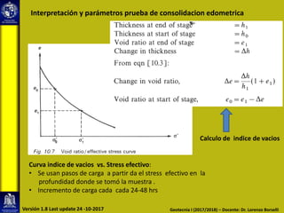 Interpretación y parámetros prueba de consolidacion edometrica
Curva indice de vacios vs. Stress efectivo:
• Se usan pasos de carga a partir da el stress efectivo en la
profundidad donde se tomó la muestra .
• Incremento de carga cada cada 24-48 hrs
Calculo de indice de vacios
Geotecnia I (2017/2018) – Docente: Dr. Lorenzo BorselliVersión 1.8 Last update 24 -10-2017
 