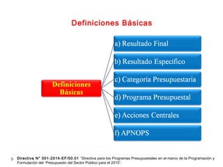 Definiciones Básicas 
Directiva N° 001-2014-EF/50.01 “Directiva para los Programas Presupuestales en el marco de la Programación y 
Formulación del Presupuesto del Sector Público para el 2015”. 
 