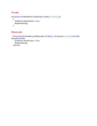 C# code:
protected void btnaddrow_Click(object sender, EventArgs e)
{
GridView1.ShowFooter = true;
BindGridview();
}
VB.net code:
Protected Sub btnaddrow_Click(sender As Object, e As System.EventArgs) Handles
btnaddrow.Click
GridView1.ShowFooter = True
BindGridview()
End Sub
 