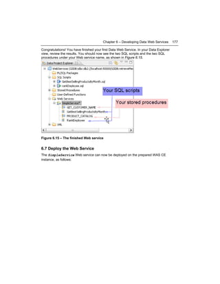 Chapter 6 – Developing Data Web Services
Congratulations! You have finished your first Data Web Service. In your Data Explorer
view, review the results. You should now see the two SQL scripts and the two SQL
procedures under your Web service name, as shown in Figure 6.15.

Figure 6.15 – The finished Web service

6.7 Deploy the Web Service
The SimpleService Web service can now be deployed on the prepared WAS CE
instance, as follows:

177

 