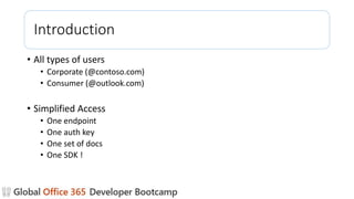 Introduction
• All types of users
• Corporate (@contoso.com)
• Consumer (@outlook.com)
• Simplified Access
• One endpoint
• One auth key
• One set of docs
• One SDK !
 