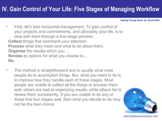 IV. Gain Control of Your Life: Five Stages of Managing Workflow First, let’s take horizontal management. To gain control of your projects and commitments, and ultimately your life, is to deal with them through a five-stage process: Collect  things that command your attention. Process  what they mean and what to do about them. Organize  the results which you… Review  as options for what you choose to… Do The method is straightforward and is usually what most people do to accomplish things. But, what you need to do is to improve how they handle each of these stages. Most people are unable to collect all the things or process them well; others are bad at organizing results, while others fail to review them consistently. If you are unable to do any of these first four stages well, then what you decide to do may not be the best choice. 