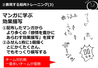 ②表現する筋肉トレーニング(3)
マンガに学ぶ
効果描写
①配布したマンガから
より多くの「感情を豊かに
あらわす効果描写」を探す
②ふせん1枚に1個描く
とにかくたくさん、
でもそっくり模写する
チーム対抗戦
一番多いチームが優勝
 