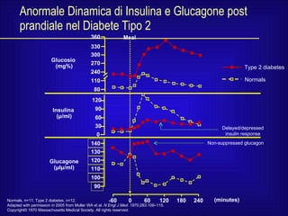 Anormale Dinamica di Insulina e Glucagone post prandiale nel Diabete Tipo 2 -60 0 60 120 180 240 360 330 300 270 240 110 80 120 90 60 30 0 Glucosio  (mg%) Insulina  ( μ /ml) Glucagone ( μ I μ /ml) Meal (minutes) Type 2 diabetes Normals Delayed/depressed insulin response Non-suppressed glucagon Normals, n=11; Type 2 diabetes, n=12. Adapted with permission in 2005 from Muller WA et al.  N Engl J Med . 1970;283:109–115.  Copyright© 1970 Massachusetts Medical Society. All rights reserved. 140 130 120 110 100 90 