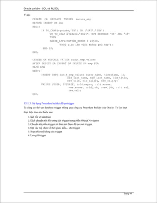 Oracle cơ bản - SQL và PL/SQL
Ví dụ:
CREATE OR REPLACE TRIGER secure_emp
BEFORE INSERT ON emp
BEGIN
IF TO_CHAR(sysdate,’DY’) IN (‘SAT’,’SUN’)
OR TO_CHAR(sysdate,’HH24’) NOT BETWEEN ‘08’ AND ’18’
THEN
RAISE_APPLICATION_ERROR (-20500,
’Thời gian làm việc không phù hợp’);
END IF;
END;
CREATE OR REPLACE TRIGER audit_emp_values
AFTER DELETE OR INSERT OR DELETE ON emp FOR
EACH ROW
BEGIN
INSERT INTO audit_emp_values (user_name, timestamp, id,
old_last_name, new_last_name, old_title,
new_tile, old_salary, new_salary)
VALUES (USER, SYSDATE, :old.empno, :old.ename,
:new.ename, :old.job, :new.job, :old.sal,
:new.sal);
END;
15.1.3. Sử dụng Procedure builder để tạo trigger
Ta cũng có thể tạo database trigger thông qua công cụ Procedure builder của Oracle. Ta lần lượt
thực hiện theo các bước sau:
1. Kết nối tới database
2. Dịch chuyển tới đối tượng đặt trigger trong phần Object Navigator
3. Chuyển tới phần trigger rồi bấm nút New để tạo mới trigger.
4. Đặt các tuỳ chọn về thời gian, kiểu,.. cho trigger
5. Soạn thảo nội dung của trigger
6. Lưu giữ trigger
Trang 99
 