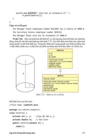 Lập trình hướng đối tượng Java 114
System.out.println(" also has an allowance of " +
m.getAllowance());
}
}
Chạy và có kết quả:
The Manager Simon (employee number 01234M) has a salary of 9000.0
The Secretary Selene (employee number 98765S)
The Manager Simon also has an allowance of 2000.0
Ví d 7.18: Hãy mô hình hóa để thiết kế và viết chương trình thể hiện các tính bao
đóng, thừa kế cho bài toán hình trụ như hình 7.27. Cho biết diện tích hình tròn, diện tích
xung quanh và thể tích hình trụ. Trong đó: Diện tích xung quanh c a hình trụ b ng chu
vi đáy nhân chiều cao, và thể tích c a khối trụ b ng diện tích đáy nhân với chiều cao.
Hình 7.27: Hình trụ và sơ đồ lớp
Mã lệnh Java c a bài toán:
//file name: LopChinh.java
package ctu.vdlinh.chapter7;
class HinhTron {
private int x, y; //tọa độ tâm x, y
private double bk; // bán kính
public HinhTron(double bk) {
super();
 