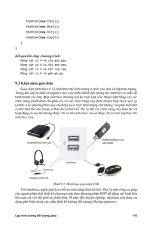 Lập trình hướng đối tượng Java 146
theHien(new Cho());
theHien(new Meo());
theHien(new Vit());
theHien(new Cop());
}
}
Kết quả khi chạy chương trình:
Động vật có 4 và sủa gâu gâu.
Động vật có 4 và kêu meo meo.
Động vật có 2 và kêu cạp cạp.
Động vật có 4 và gầm gừ gừ.
9.3 Khái ni m giao di n
Giao diện (Interface): Là một thực thể trừu tượng m c cao hơn cả lớp trừu tượng.
Trong khi lớp là mẫu (template) cho việc hình thành đối tượng thì interface là mẫu để
hình thành các lớp. Một interface thư ng liệt kê một loạt (các thuộc tính h ng và) các
ch c năng (methods) cần phải có, và các ch c năng này đảm nhiệm thực hiện việc gì
(what). Các phương th c này chỉ dừng lại m c trừu tượng ch không cần phải biết làm
cụ thể như thể nào (how) th i điểm thiết kế. Để cụ thể các ch c năng này thao tác và
hoạt động ra sao thì không được chỉ ra trên Interface mà sẽ được chỉ ra trên lớp thực thi
interface này.
Hình 9.3: Minh họa giao diện USB
Với interface, ngôn ngữ Java hỗ trợ tính năng thừa kế bội. Đây là một công cụ giúp
cho ngư i phân tích thiết kế chương trình theo phương pháp HĐT dễ dàng mô hình hóa
bài toán sát với thế giới tự nhiên hơn. m c độ chuyên nghiệp, interface còn được sử
dụng phổ biến trong các mẫu thiết kế hướng đối tượng (Design patterns).
 