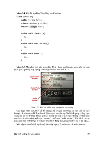 Lập trình hướng đối tượng Java 29
Ví d 3.4: Cài đặt lớp DienVien b ng mã lệnh Java
class DienVien{
public String hoTen;
private Boolean gioiTinh;
private Integer tuoi;
public void dienHai(){
//...
}
public void lamGiamKhao(){
//...
}
public void lamMC(){
//...
}
}
Ví d 3.5: Minh họa tính trừu tượng hóa để xây dựng mô hình đối tượng cho bài toán
(đơn giản) quản lý máy laptop c a hãng Toshiba như hình 3.12.
Hình 3.12: Một sản phẩm máy laptop trên thị trường
Giai đoạn phân tích, thiết kế đối tượng: Để lưu giữ các thông tin sản xuất về máy
laptop, các nhà quản lý Toshiba sẽ định nghĩa ra một lớp ToshibaLaptop chẳng hạn.
Trong đó có các trư ng để lưu giữ các thông tin như số đơn vị hệ thống (system unit
number), số hiệu mẫu (model/part number) và số sơ-ri (serial number). Các hành vi/hoạt
động c a máy có thể thực hiện được như: kh i động máy, nhập/xuất và xử lý dữ liệu,…
Như vậy ta có thể định nghĩa một lớp máy laptop Toshiba qua các m c như sau:
 