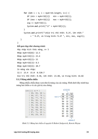 Lập trình hướng đối tượng Java 69
for (int i = 1; i < myArr1D.length; i++) {
if (min > myArr1D[i]) min = myArr1D[i];
if (max < myArr1D[i]) max = myArr1D[i];
avg += myArr1D[i];
System.out.print("t" + myArr1D[i]);
}
System.out.printf("nGiá trị nhỏ nhất: %.2f, lớn nhất:"
+ " %.2f, và trung bình= %.2f ", min, max, avg/n);
}
}
Kết quả chạy thử chương trình:
Hãy nhập kích thức mảng, n= 5
Nhập myArr1D[0]= 12.5
Nhập myArr1D[1]= 23.4
Nhập myArr1D[2]= 15
Nhập myArr1D[3]= 8.5
Nhập myArr1D[4]= 20.7
In mảng vừa nhập:
12.5 23.4 15.0 8.520.7
Giá trị nhỏ nhất: 8.50, lớn nhất: 23.40, và trung bình= 16.02
5.1.3 Mảng nhi u chi u
Mảng nhiều chiều được xem như là mảng c a các mảng. Hình dưới đây minh họa
mảng hai chiều a và các giá trị c a chúng.
Hình 5.3: Mảng hai chiều số nguyên © Robert Sedgewick, Kenvin Wayne
 