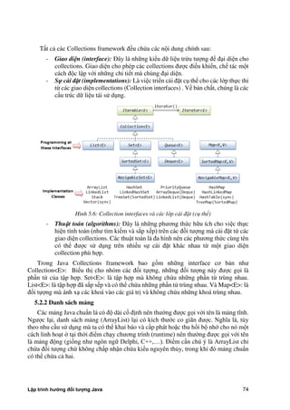 Lập trình hướng đối tượng Java 74
Tất cả các Collections framework đều ch a các nội dung chính sau:
- Giao diện (interface): Đây là những kiểu dữ liệu trừu tượng để đại diện cho
collections. Giao diện cho phép các collections được điều khiển, chế tác một
cách độc lập với những chi tiết mà chúng đại diện.
- Sự cài đặt (implementations): Là việc triển cài đặt cụ thể cho các lớp thực thi
từ các giao diện collections (Collection interfaces) . Về bản chất, chúng là các
cấu trúc dữ liệu tái sử dụng.
Hình 5.6: Collection interfaces và các lớp cài đặt (cụ thể)
- Thuật toán (algorithms): Đây là những phương th c hữu ích cho việc thực
hiện tính toán (như tìm kiếm và s p xếp) trên các đối tượng mà cài đặt từ các
giao diện collections. Các thuật toán là đa hình nên các phương th c cùng tên
có thể được sử dụng trên nhiều sự cài đặt khác nhau từ một giao diện
collection phù hợp.
Trong Java Collections framework bao gồm những interface cơ bản như
Collection<E>: Biểu thị cho nhóm các đối tựợng, những đối tượng này được gọi là
phần tử c a tập hợp. Set<E>: là tập hợp mà không ch a những phần từ trùng nhau.
List<E>: là tập hợp đã s p sếp và có thể ch a những phần tử trùng nhau. Và Map<E>: là
đối tựợng mà ánh xạ các khoá vào các giá trị và không ch a những khoá trùng nhau.
5.2.2 Danh sách mảng
Các mảng Java chuẩn là có độ dài cố định nên thư ng được gọi với tên là mảng tĩnh.
Ngược lại, danh sách mảng (ArrayList) lại có kích thước co giãn được. Nghĩa là, tùy
theo nhu cầu sử dụng mà ta có thể khai báo và cấp phát hoặc thu hồi bộ nhớ cho nó một
cách linh hoạt tại th i điểm chạy chương trình (runtime) nên thư ng được gọi với tên
là mảng động (giống như ngôn ngữ Delphi, C++,…). Điểm cần chú ý là ArrayList chỉ
ch a đối tượng ch không chấp nhận ch a kiểu nguyên th y, trong khi đó mảng chuẩn
có thể ch a cả hai.
 