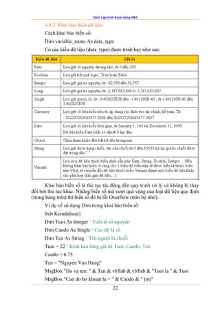 Sách Lập trình Excel bằng VBA
22
4.4.2. Khai báo kiểu dữ liệu
Cách khai báo biến số:
Dim variable_name As data_type
Có các kiểu dữ liệu (data_type) được trình bày như sau:
Khai báo biến số là thủ tục tác động đến quy trình xử lý và không bị thay
đổi bởi thủ tục khác. Những biến số mà vượt quá vùng của loại dữ liệu quy định
(trong bảng trên) thì biến số đó bị lỗi Overflow (tràn bộ nhớ).
Ví dụ về sử dụng Dim trong khai báo biến số:
Sub Kieudulieu()
Dim Tuoi As Integer „ Tuổi là số nguyên
Dim Caodo As Single „ Cao độ là số
Dim Ten As String „ Tên người là chuỗi
Tuoi = 22 „ Khai báo từng giá trị Tuoi, Caodo, Ten
Caodo = 6.75
Ten = "Nguyen Van Hung"
MsgBox "Ho va ten: " & Ten & vbTab & vbTab & "Tuoi la " & Tuoi
MsgBox "Cao do ho khoan la + " & Caodo & " (m)"
 
