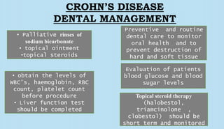 CROHN’S DISEASE
DENTAL MANAGEMENT
• Palliative rinses of
sodium bicarbonate
• topical ointment
•topical steroids
Preventive and routine
dental care to monitor
oral health and to
prevent destruction of
hard and soft tissue
Evaluation of patients
blood glucose and blood
sugar levels
Topical steroid therapy
(halobestol,
triamcinolone ,
clobestol) should be
short term and monitored
• obtain the levels of
WBC’s, haemoglobin, RBC
count, platelet count
before procedure
• Liver function test
should be completed
 