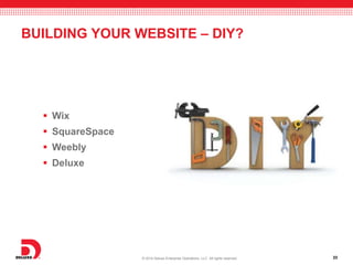 23© 2014 Deluxe Enterprise Operations, LLC All rights reserved. 23
BUILDING YOUR WEBSITE – DIY?
 Wix
 SquareSpace
 Weebly
 Deluxe
It’s not too late for a website revolution
resolution!
 
