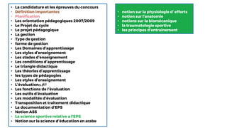 • La candidature et les épreuves du concours
• Définition importantes
• Planification
• Les orientation pédagogiques 2007/2009
• Le Projet du cycle
• Le projet pédagogique
• La gestion
• Type de gestion
• forme de gestion
• Les Domaines d’apprentissage
• Les styles d’enseignement
• Les stades d’enseignement
• Les conditions d’apprentissage
• Le triangle didactique
• Les théories d’apprentissage
• les types de pédagogies
• Les styles d’enseignement
• L’évaluation‫التقويم‬
• Les fonctions de l’évaluation
• Les outils d’évaluation
• Les modalités d’évaluation
• Transposition et traitement didactique
• La documentation d’EPS
• Notion ASS
• La science sportive relative a l'EPS
• Notion sur la science d’éducation en arabe
• notion sur la physiologie d’ efforts
• notion sur l’anatomie
• notions sur la biomécanique
• la traumatologie sportive
• les principes d’entrainement
 