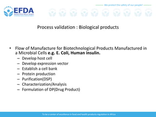We protect the safety of our people!
To be a center of excellence in food and health products regulation in Africa
Process validation : Biological products
• Flow of Manufacture for Biotechnological Products Manufactured in
a Microbial Cells e.g. E. Coli, Human insulin.
– Develop host cell
– Develop expression vector
– Establish a cell bank
– Protein production
– Purification(DSP)
– Characterization/Analysis
– Formulation of DP(Drug Product)
 
