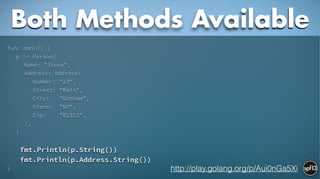 func main() {
p := Person{
Name: "Steve",
Address: Address{
Number: "13",
Street: "Main",
City: "Gotham",
State: "NY",
Zip: "01313",
},
}
!
fmt.Println(p.String())
fmt.Println(p.Address.String())
}
Both Methods Available
http://play.golang.org/p/Aui0nGa5Xi
 