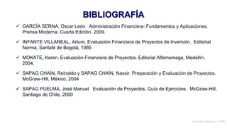 Carlos Mario Morales C 2019©24
 GARCÍA SERNA, Oscar León. Administración Financiera: Fundamentos y Aplicaciones.
Prensa Moderna. Cuarta Edición. 2009.
 INFANTE VILLAREAL, Arturo. Evaluación Financiera de Proyectos de Inversión. Editorial
Norma, Santafé de Bogotá, 1985
 MOKATE, Karen. Evaluación Financiera de Proyectos. Editorial Alfamomega, Medellín.
2004.
 SAPAG CHAÍN, Reinaldo y SAPAG CHAÍN, Nassir. Preparación y Evaluación de Proyectos.
McGraw-Hill, México, 2004
 SAPAG PUELMA, José Manuel. Evaluación de Proyectos, Guía de Ejercicios. McGraw-Hill,
Santiago de Chile, 2000
BIBLIOGRAFÍA
 