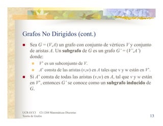 UCR-ECCI CI-1204 Matemáticas Discretas
Teoría de Grafos
Grafos No Dirigidos (cont.)
 Sea G = (V,A) un grafo con conjunto de vértices V y conjunto
de aristas A. Un subgrafo de G es un grafo G’ = (V’,A’)
donde:
 V’ es un subconjunto de V.
 A’ consta de las aristas (v,w) en A tales que v y w están en V’.
 Si A’ consta de todas las aristas (v,w) en A, tal que v y w están
en V’, entonces G’ se conoce como un subgrafo inducido de
G.
13
 