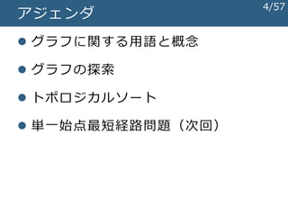 アジェンダ
 グラフに関する用語と概念
 グラフの探索
 トポロジカルソート
 単一始点最短経路問題（次回）
4/57
 