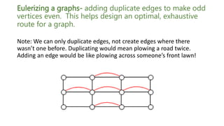 Eulerizing a graphs- adding duplicate edges to make odd
vertices even. This helps design an optimal, exhaustive
route for a graph.
Note: We can only duplicate edges, not create edges where there
wasn’t one before. Duplicating would mean plowing a road twice.
Adding an edge would be like plowing across someone’s front lawn!
 