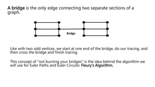 A bridge is the only edge connecting two separate sections of a
graph.
Bridge
Like with two odd vertices, we start at one end of the bridge, do our tracing, and
then cross the bridge and finish tracing.
This concept of “not burning your bridges” is the idea behind the algorithm we
will use for Euler Paths and Euler Circuits: Fleury’s Algorithm.
 