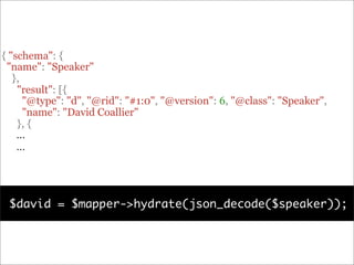 { "schema": {
 "name": "Speaker"
   },
    "result": [{
      "@type": "d", "@rid": "#1:0", "@version": 6, "@class": "Speaker",
      "name": "David Coallier"
    }, {
    ...
    ...




 $david = $mapper->hydrate(json_decode($speaker));
 
