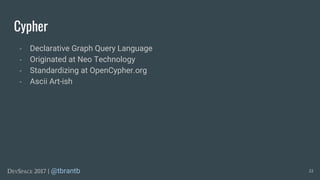 Cypher
- Declarative Graph Query Language
- Originated at Neo Technology
- Standardizing at OpenCypher.org
- Ascii Art-ish
22DEVSPACE 2017 | @tbrantb
 