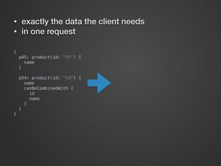 { 
p45: product(id: "45") { 
name 
} 
 
p54: product(id: "54") { 
name 
canBeCombinedWith { 
id 
name 
} 
} 
}
• exactly the data the client needs
• in one request
 