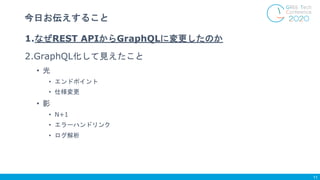 1.なぜREST APIからGraphQLに変更したのか
2.GraphQL化して見えたこと
• 光
• エンドポイント
• 仕様変更
• 影
• N+1
• エラーハンドリンク
• ログ解析
今日お伝えすること
11
 