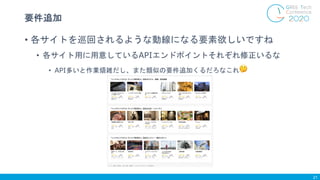 要件追加
21
• 各サイトを巡回されるような動線になる要素欲しいですね
• 各サイト用に用意しているAPIエンドポイントそれぞれ修正いるな
• API多いと作業煩雑だし、また類似の要件追加くるだろなこれ 🤔
 